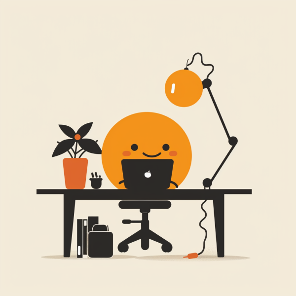 Our mascot, an orange blob, coding on a laptop